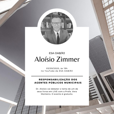 Palestra sobre Responsabiliza&ccedil;&atilde;o dos Agentes P&uacute;blicos Municipais - No dia 03/09, &agrave;s 19h, Dr. Alo&iacute;sio Zimmer vai palestrar em evento organizado pela Escola Superior da Advocacia, da OAB/RS, sobre a Responsabiliza&ccedil;&atilde;o Administrativa dos agentes p&uacute;blicos municipais.
O tema foi tratado em recente obra publicada, cujo sum&aacute;rio voc&ecirc; pode conferir aqui.
O evento ser&aacute; transmitido pelo YouTube da ESA da OAB/RJ.
Se voc&ecirc; &eacute; servidor p&uacute;blico, vale a pena acompanhar e tamb&eacute;m fazer as suas perguntas!
N&atilde;o perca.