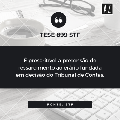 Prescri&ccedil;&atilde;o de repara&ccedil;&atilde;o ao er&aacute;rio (Tema 899 STF) - O Plen&aacute;rio do Supremo Tribunal Federal, ap&oacute;s julgamento virtual do RE 636.886-AL, editou tese em que reconhecida a prescritibilidade da a&ccedil;&atilde;o de ressarcimento fundada em ac&oacute;rd&atilde;o do Tribunal de Contas da Uni&atilde;o. O julgamento ocorreu ap&oacute;s o reconhecimento da repercuss&atilde;o geral da mat&eacute;ria, por meio do Tema 899, cujo recurso extraordin&aacute;rio &eacute; de relatoria do Ministro Alexandre de Moraes.
Por unanimidade, os Ministros fixaram tese de que: "&Eacute; prescrit&iacute;vel a pretens&atilde;o de ressarcimento ao er&aacute;rio fundada em decis&atilde;o de Tribunal de Contas" (Tema 899).
No caso examinado, uma ex-presidente da Associa&ccedil;&atilde;o Cultural Zumbi, em Alagoas, deixou de prestar contas de recursos recebidos do Minist&eacute;rio da Cultura para fins de aplica&ccedil;&atilde;o no projeto Educar Quilombo. O TCU, no julgamento de tomadas de conta especial, condenou-a a restituir aos cofres p&uacute;blicos os valores recebidos, mas a obriga&ccedil;&atilde;o n&atilde;o foi cumprida, o que levou a Uni&atilde;o a ajuizar a&ccedil;&atilde;o de execu&ccedil;&atilde;o. A&nbsp;decis&atilde;o do STF manteve a extin&ccedil;&atilde;o do processo determinada pela primeira inst&acirc;ncia pelo reconhecimento da prescri&ccedil;&atilde;o, afastando a tese fixada anteriormente (Tema 897), que prev&ecirc; a imprescritibilidade das a&ccedil;&otilde;es de ressarcimento decorrentes de dano ao er&aacute;rio na hip&oacute;tese de condena&ccedil;&atilde;o por improbidade administrativa, nos termos da Lei n. 8.429/92.
Portanto, restou assentado que, diferentemente das condena&ccedil;&otilde;es por improbidade administrativa (em que h&aacute; an&aacute;lise quanto ao dolo), nas condena&ccedil;&otilde;es decorrentes de decis&otilde;es dos Tribunais de Contas n&atilde;o h&aacute; perquiri&ccedil;&atilde;o quanto ao elemento volitivo (dolo ou culpa). ⁣⁣⁣⁣Com este entendimento, o STF reconheceu a prescri&ccedil;&atilde;o da a&ccedil;&atilde;o de ressarcimento fundada em ac&oacute;rd&atilde;o do TCU, aduzindo que, neste caso, aplica-se o prazo prescricional previsto na Lei de Execu&ccedil;&otilde;es Fiscais (Lei 6.830/80).⁣⁣