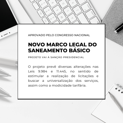 Novo Marco Legal do Saneamento Básico - No dia 24/06, o Senado Federal apovou o Projeto de Lei n. 4162, que atualiza o marco legal do saneamento básico por meio da alteração de diversas leis.⁣
O PL se divide em 23 dispositivos e se baseia na Medida Provisória n. 868, de 2019, e no Projeto de Lei de Conversão (PLV) n. 8, de 2019, acrescentando ajustes no sentido da universalização do saneamento básico. 
São diversas alterações importantes como por exemplo:⁣

Atribuição de competência à ANA para editar normas de referência nacionais para a⁣ regulação dos serviços de saneamento básico;⁣ 
Autorização à União a participar de fundo com a finalidade exclusiva de financiar serviços⁣ técnicos especializados;⁣
Vedação de prestação dos serviços públicos de saneamento básico por meio de contrato de programa [com exceção aos já fixados até 31 de março de 2022 com prazo máximo de 30 anos];⁣
Alteração da Política Nacional de Resíduos Sólidos para fixar novos prazos para a adequada destinação dos resíduos;⁣
Determinação aos titulares de serviços públicos de publicar seus planos de saneamento básico até 31 de dezembro de 2022, dando publicidade sobre o seu⁣ cumprimento;⁣
Atribuição de competência ao Município para promover o licenciamento ambiental das atividades, empreendimentos e serviços de saneamento básico;⁣

Com efeito, o Novo Marco Legal do Saneamento Básico, aprovado no Congresso Nacional e que segue agora para sanção presidencial, aperfeiçoa a disciplina da regulação, da titularidade e da delegação dos serviços de saneamento básico.
Segundo o Relator do PL, Senador Antonio Anastasia:

O objetivo da regionalização é obter ganhos de escala e garantir viabilidade econômico-financeira dos serviços, com vistas à universalização dos serviços. A prestação regionalizada, por incluir municípios mais e menos atraentes e não necessariamente contíguos em um mesmo território de prestação, afasta o risco de que qualquer deles, por mais pobre e pequeno que seja, fique fora do processo de universalização. Não há obrigação de que o município participe de estruturas de prestação regionalizadas. Isso é facultativo. Municípios não participantes de regiões metropolitanas, unidades regionais ou blocos retêm sua titularidade, mas não terão prioridade no recebimento de investimento da União.

Cumpre ainda destacar que há previsão de renovação dos contratos de programa vigentes e o reconhecimento das situações de fato, em que há prestação de serviços sem formalização. Em ambas as situações, o prazo máximo estabelecido para os novos contratos é de 30 anos. A formalização dessa renovação ou reconhecimento deve ser feita até 31 março de 2022, o que assegura prazo bem mais que suficiente para a conclusão dessas operações sem comprometer o atingimento da meta de universalização em 2033.
Ou seja, os contratos de programa existentes continuam vigendo até o seu termo. No entanto, todos os contratos, de programa ou de concessão, terão que ser aditados para incorporar os prazos de universalização, fixando metas para cumprimento de acordo com o Novo Marco. Além disso, defende-se que a conversão dos contratos de programa em contratos de concessão valorizará substancialmente as companhias estaduais, independentemente de eventual desestatização, melhorando, assim, seu acesso a financiamentos.
Confira abaixo a íntegra do Projeto Lei, que segue para sanção presidencial.
>> ATUALIZAÇÃO (15/07/2020): Hoje, o Presidente da República sancionou com vetos o Projeto de Lei.O destaque foi o veto ao dispositivo que previa a possibilidade de prorrogação dos chamados contratos de programa até 2022 (art. 16 do PL. 4162).

  Por Ana Paula Mella Vicari